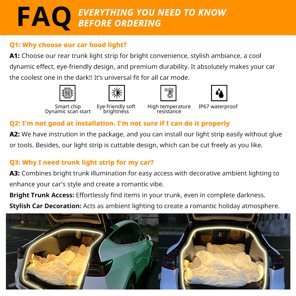 FAQ guide for rear trunk LED strips covering power connection, trimming, fitment, and installation questions.