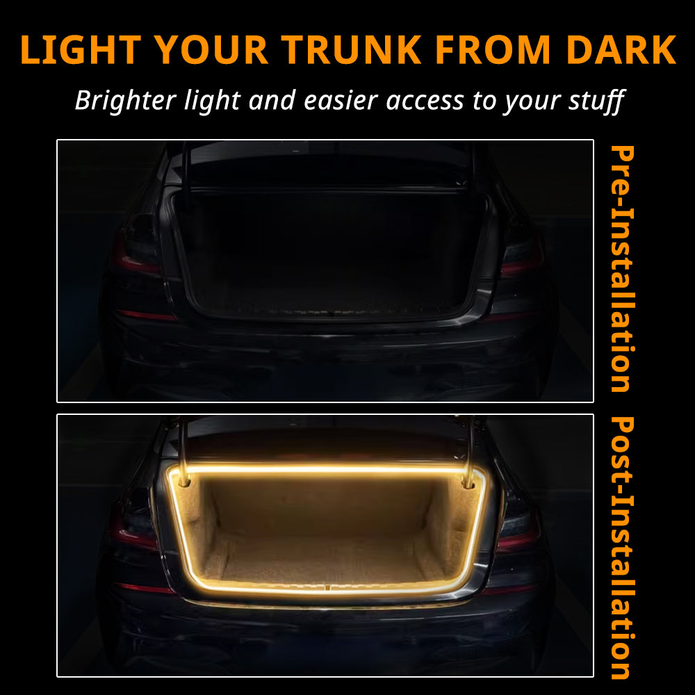 Rear trunk light strip brightens a dark cargo area so luggage and gear are easier to see after installation.