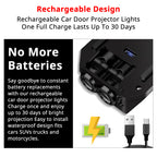 Rechargeable car door projector charges by USB and removes the need for disposable batteries in the light housing.