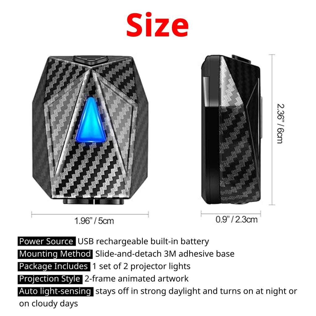 Rechargeable door projector size details with USB built-in battery, slide-and-detach 3M base, and 2-frame projection notes.