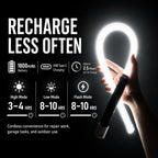 Rechargeable flexible work light with 1800mAh battery, USB Type-C charging and mode runtimes from 3 to 10 hours.