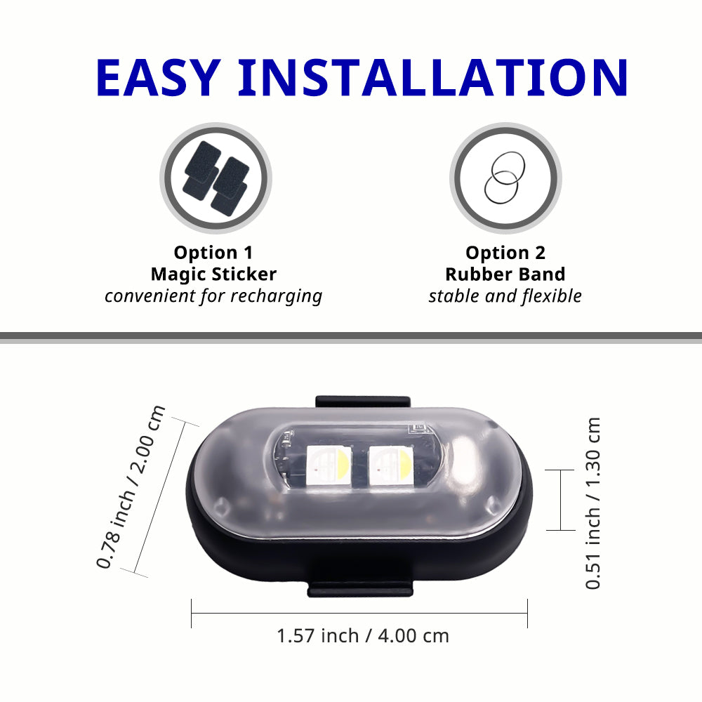 Rechargeable footwell light size detail with magic sticker and rubber band mounting options for flexible car interior placement.