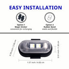 Rechargeable footwell light size detail with magic sticker and rubber band mounting options for flexible car interior placement.