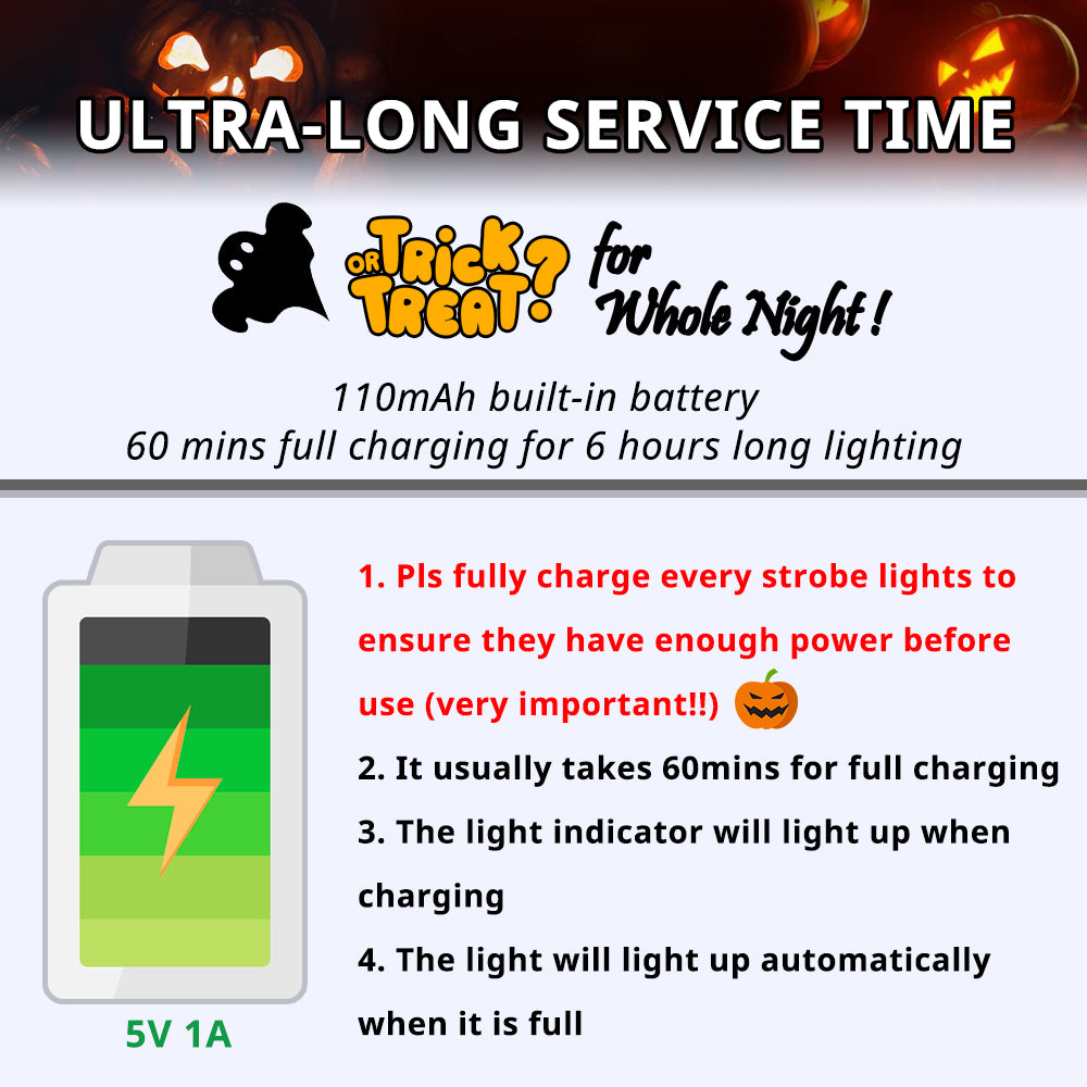 Rechargeable Halloween RGB lights with 1-hour charging and long flashing-mode runtime for full-night decoration.