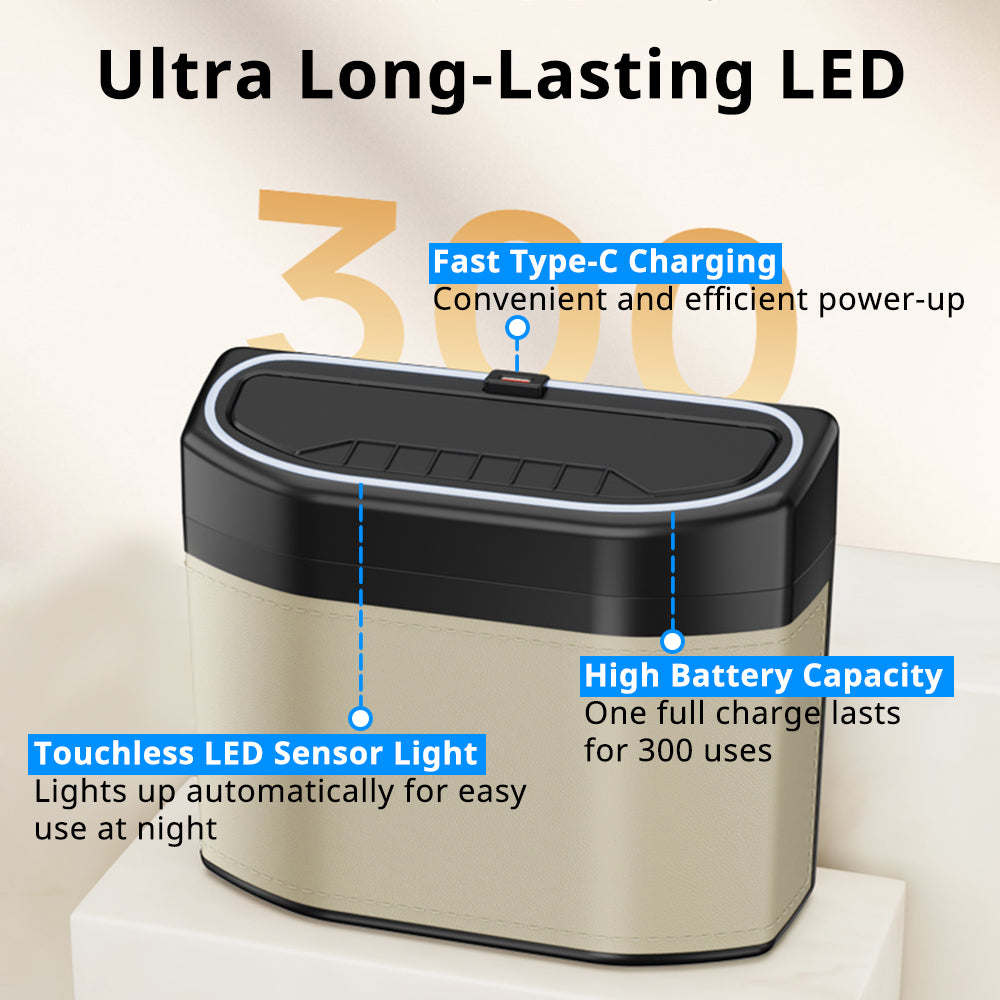 Rechargeable LED car trash bin with Type-C charging, touchless sensor light, and long battery life for night use.