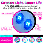 Rechargeable RGB strobe light with waterproof housing, remote control, 8 colors, 10 modes, and USB charging support.