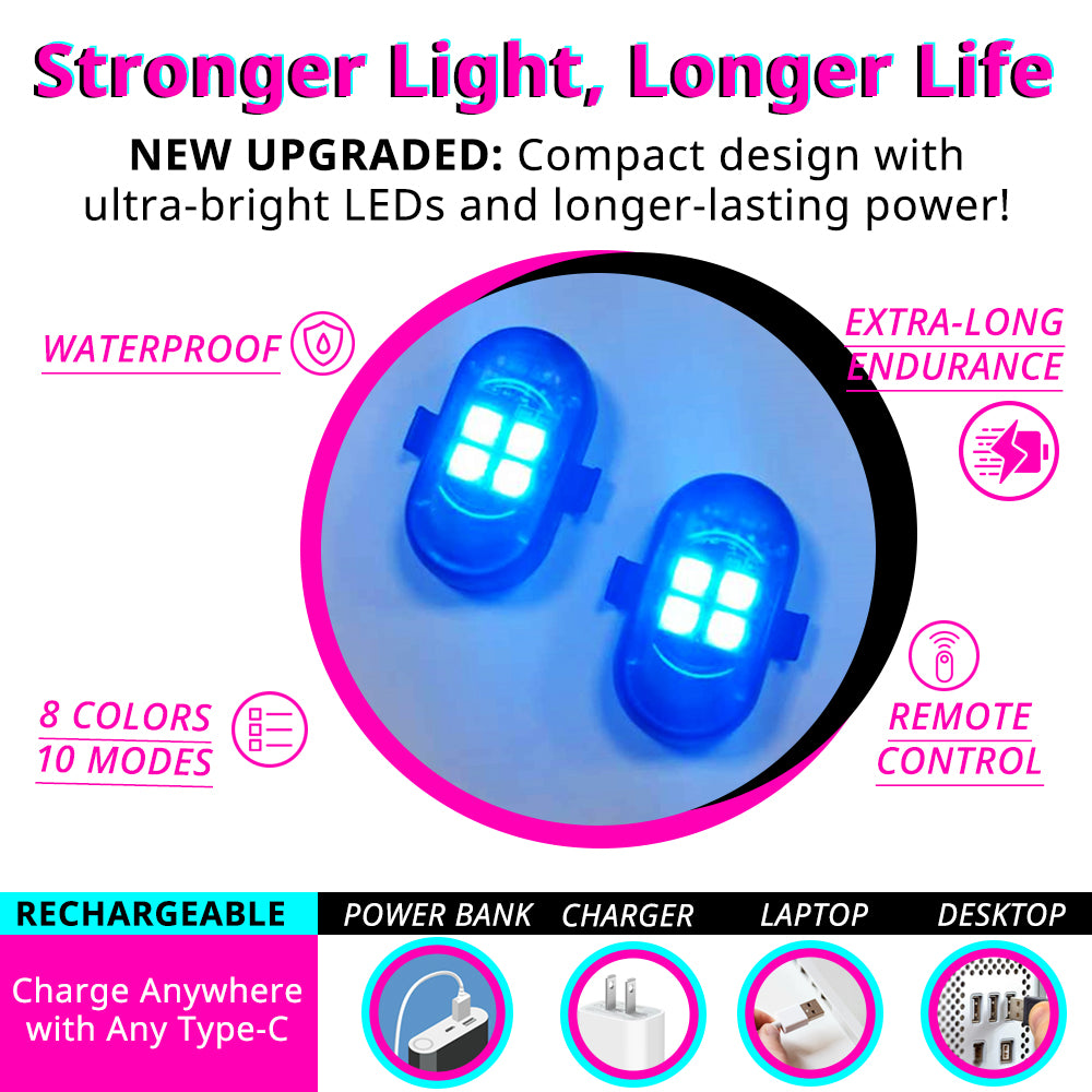 Rechargeable RGB strobe light with waterproof housing, remote control, 8 colors, 10 modes, and USB charging support.