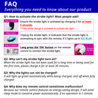 FAQ guide for activating rechargeable strobe lights, syncing ice blue mode, pairing the remote, and charging before first use.