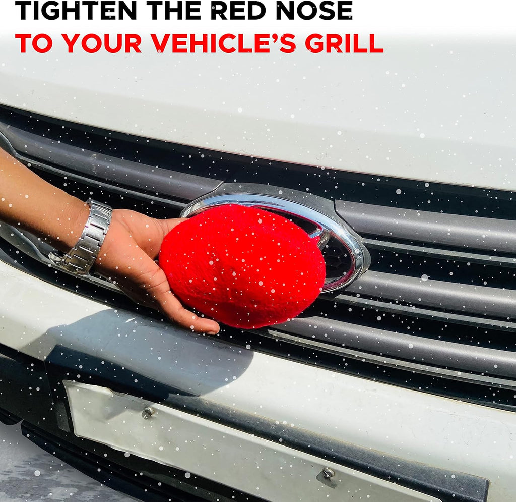 Red nose Christmas car decoration fastens to the vehicle grille to complete the Rudolph front-end look.
