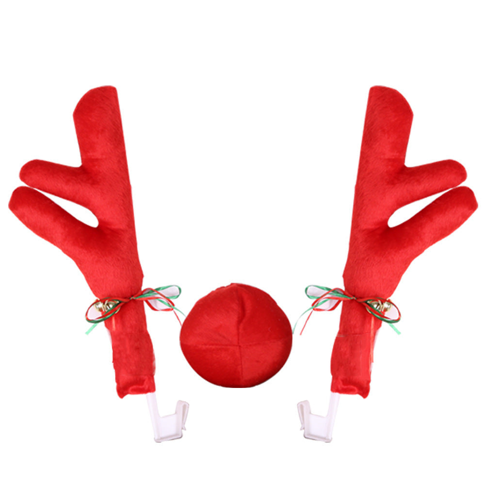 Red plush Rudolph car antlers kit with matching red nose for a bright Christmas vehicle decoration style.