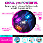 Remote control RGB Christmas light with 8 colors, 10 lighting modes, USB charging, and compact accent lighting.