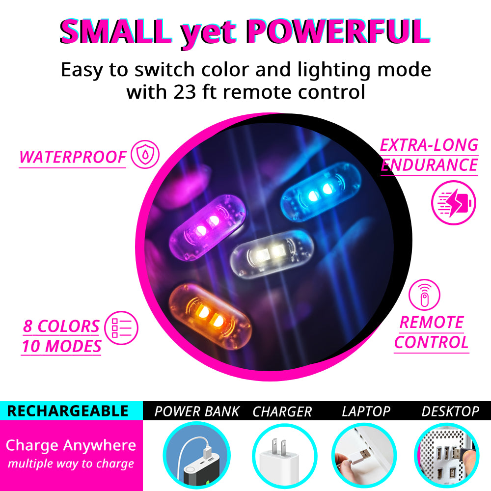 Remote control RGB Christmas light with 8 colors, 10 lighting modes, USB charging, and compact accent lighting.