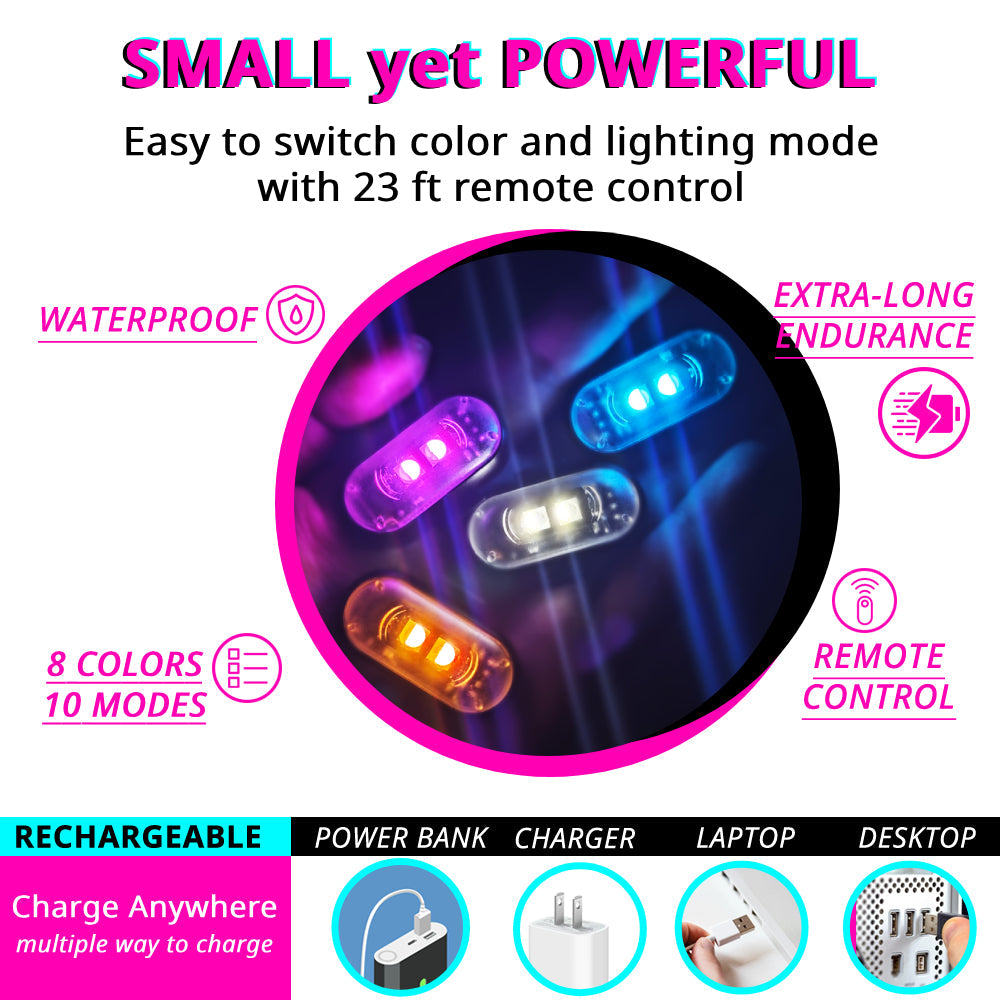 Remote control RGB motorcycle accent light with compact size, USB rechargeable power, and adjustable color effects.
