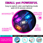 Remote control RGB underglow light with USB rechargeable power, compact size, and adjustable color effects.