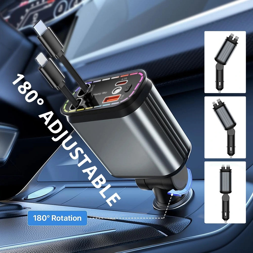 Retractable car charger angled 180 degrees in a vehicle socket for easier access to cables and charging ports.
