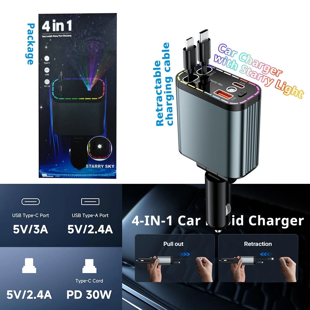 4-in-1 starry LED car charger package with retractable charging cables, USB-A and USB-C ports, and adjustable plug.