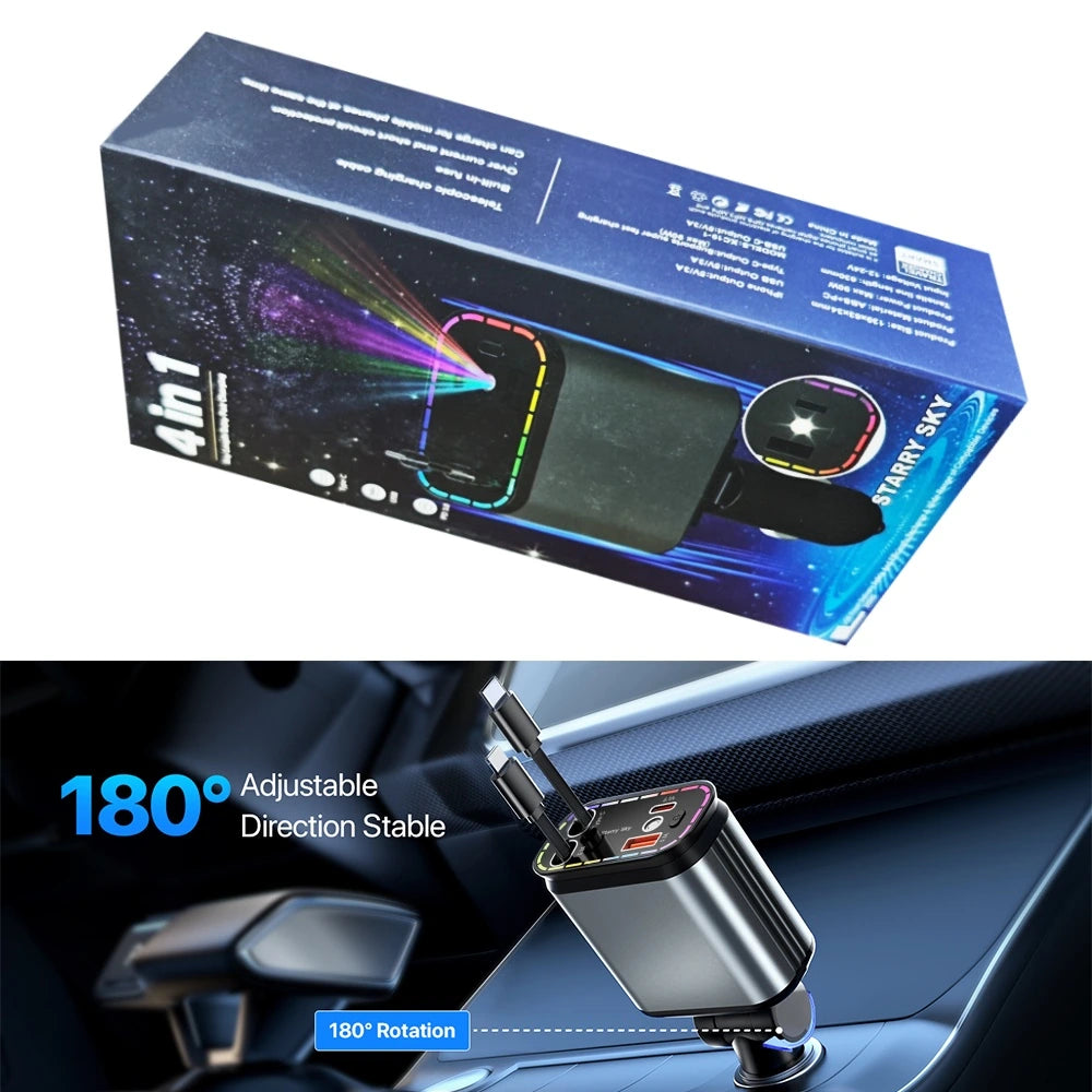 4-in-1 car charger with a 180-degree adjustable socket and retractable cable design for flexible cabin charging.