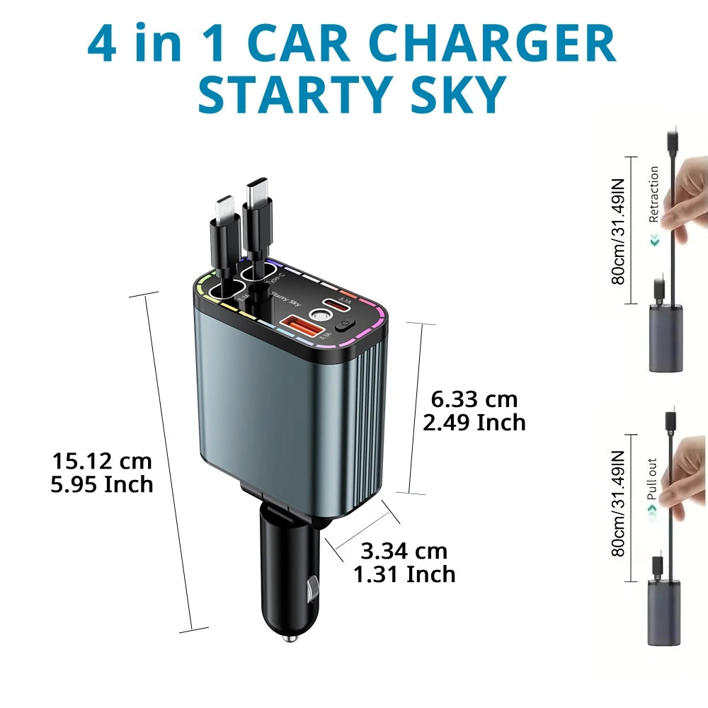 Retractable 66W car charger dimensions and 31.5-inch cable extension for checking console clearance.
