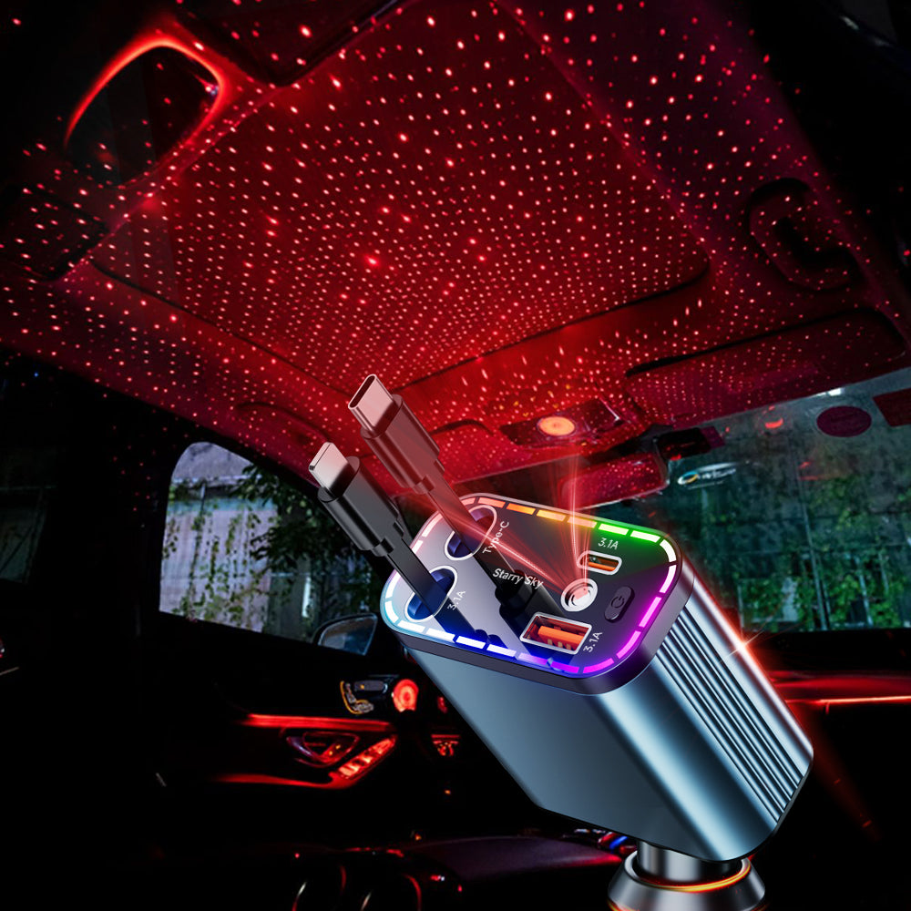 Retractable 66W car charger adds fast charging ports and a red starry LED cabin glow from the 12V socket.