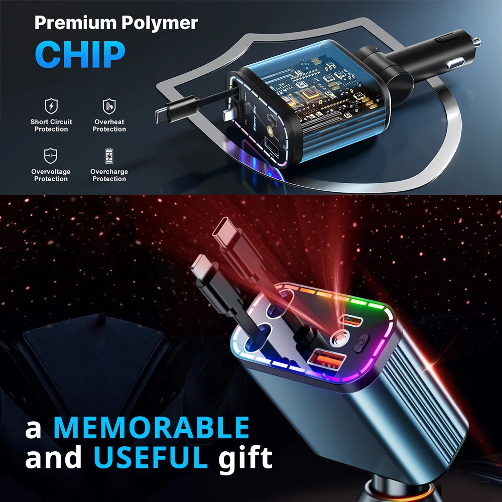 Starry LED car charger with retractable cables and multiple charging ports as a practical gift for drivers.