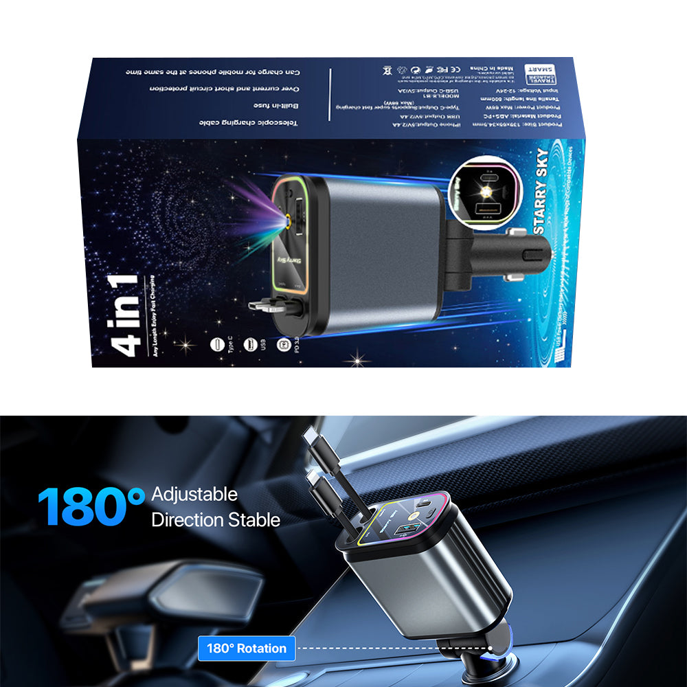 Retractable car charger retail box with adjustable socket view and compact starry LED light design for cars.