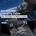 Retractable car charger keeps charging cables tucked away so your console stays cleaner while phones stay powered.