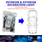 RGB rechargeable accent light package with placement guide for footwells, doors, glovebox, trunk, and decorative vehicle lighting.