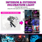 RGB bicycle frame light kit includes multiple rechargeable lights for bike accents, under-seat glow, and outdoor gear.