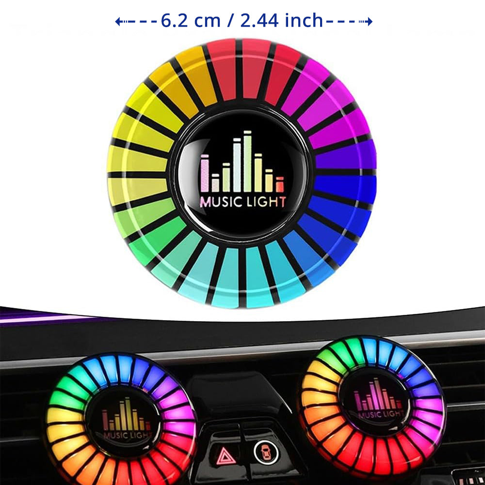 RGB car air freshener with 2.44-inch round face and vent-mounted design for dashboard cabin mood lighting.
