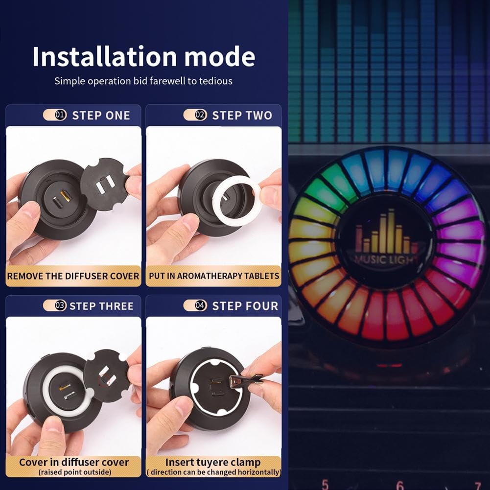 RGB car air freshener installation steps for clipping the glowing diffuser onto a dashboard air vent.