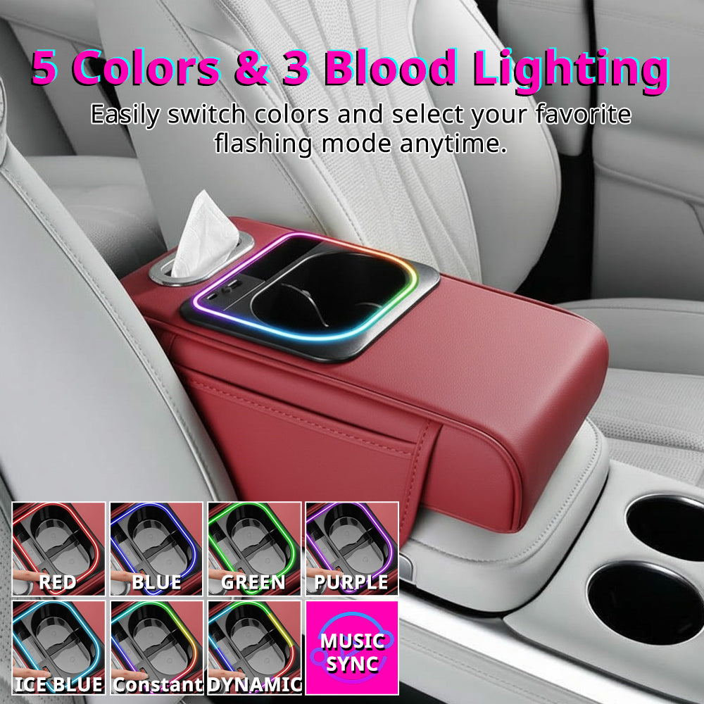 RGB car armrest organizer with five colors and three light modes for a softer console glow during night drives.