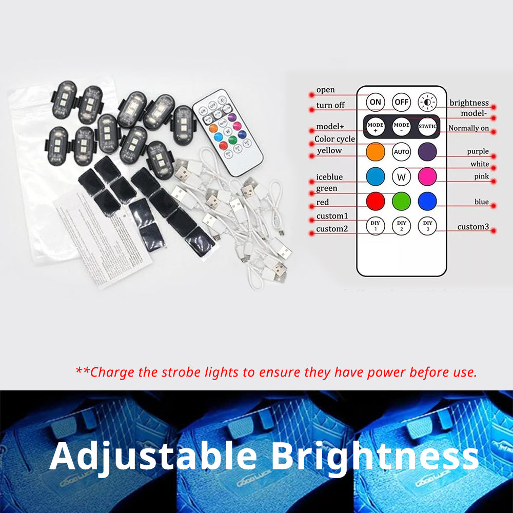 RGB footwell light remote control functions for color selection, mode switching, custom settings, and adjustable brightness.
