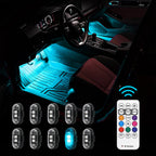 RGB rechargeable footwell lights creating a colorful lower-cabin glow for car interior accent lighting and night driving atmosphere.