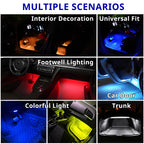 RGB rechargeable lights used for footwell lighting, car door glow, trunk accents, and colorful interior decoration scenes.