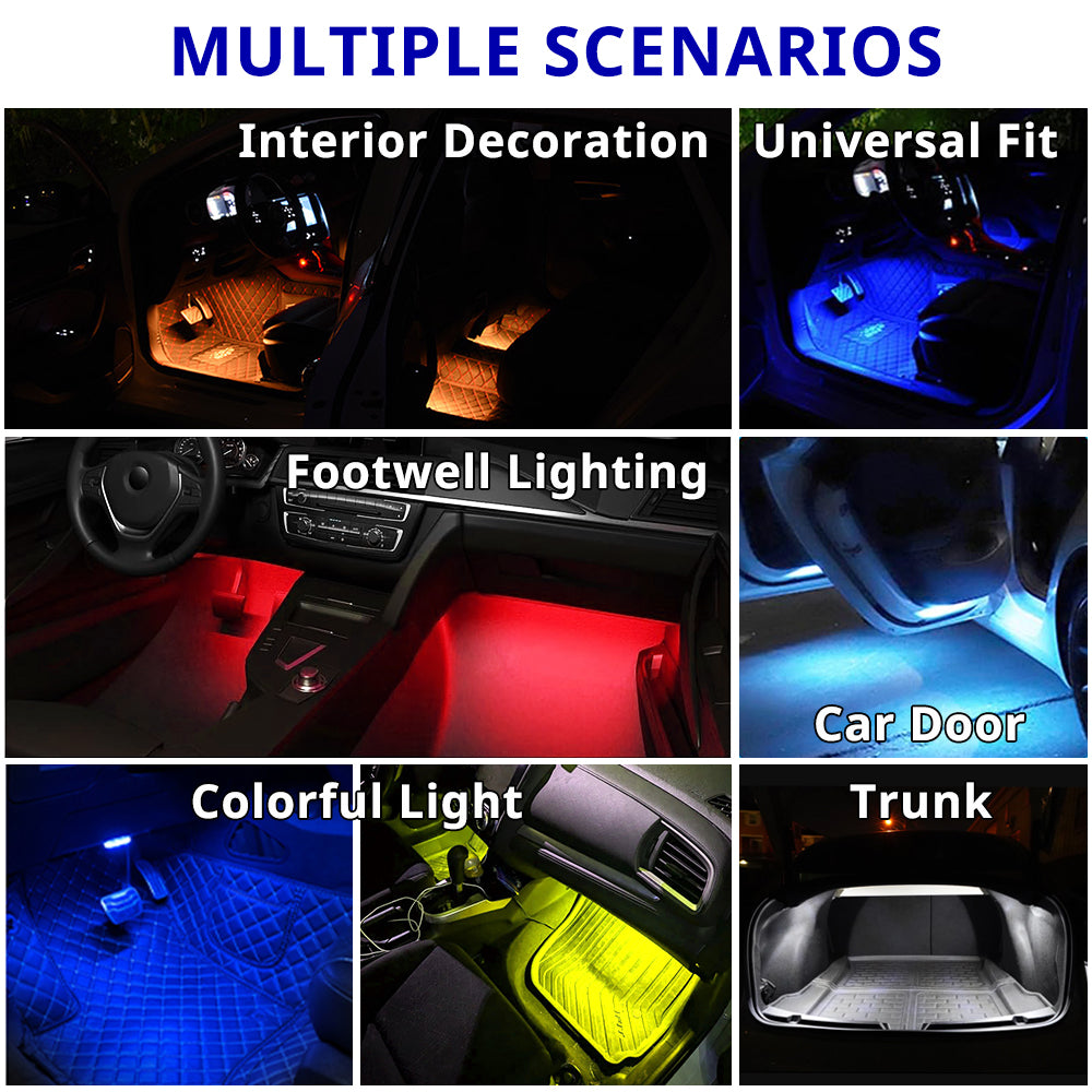 RGB rechargeable lights used for footwell lighting, car door glow, trunk accents, and colorful interior decoration scenes.
