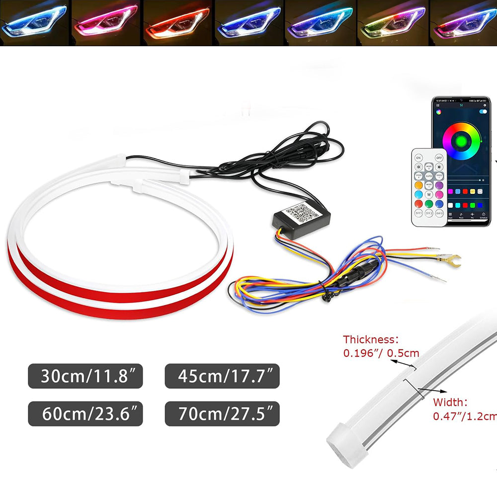 RGB headlight LED strip kit with 30 cm, 45 cm, 60 cm, and 70 cm length options plus app and remote controls.
