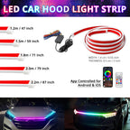 RGB hood LED strip kit with multiple length options, app control, remote control, and front-end installation examples.
