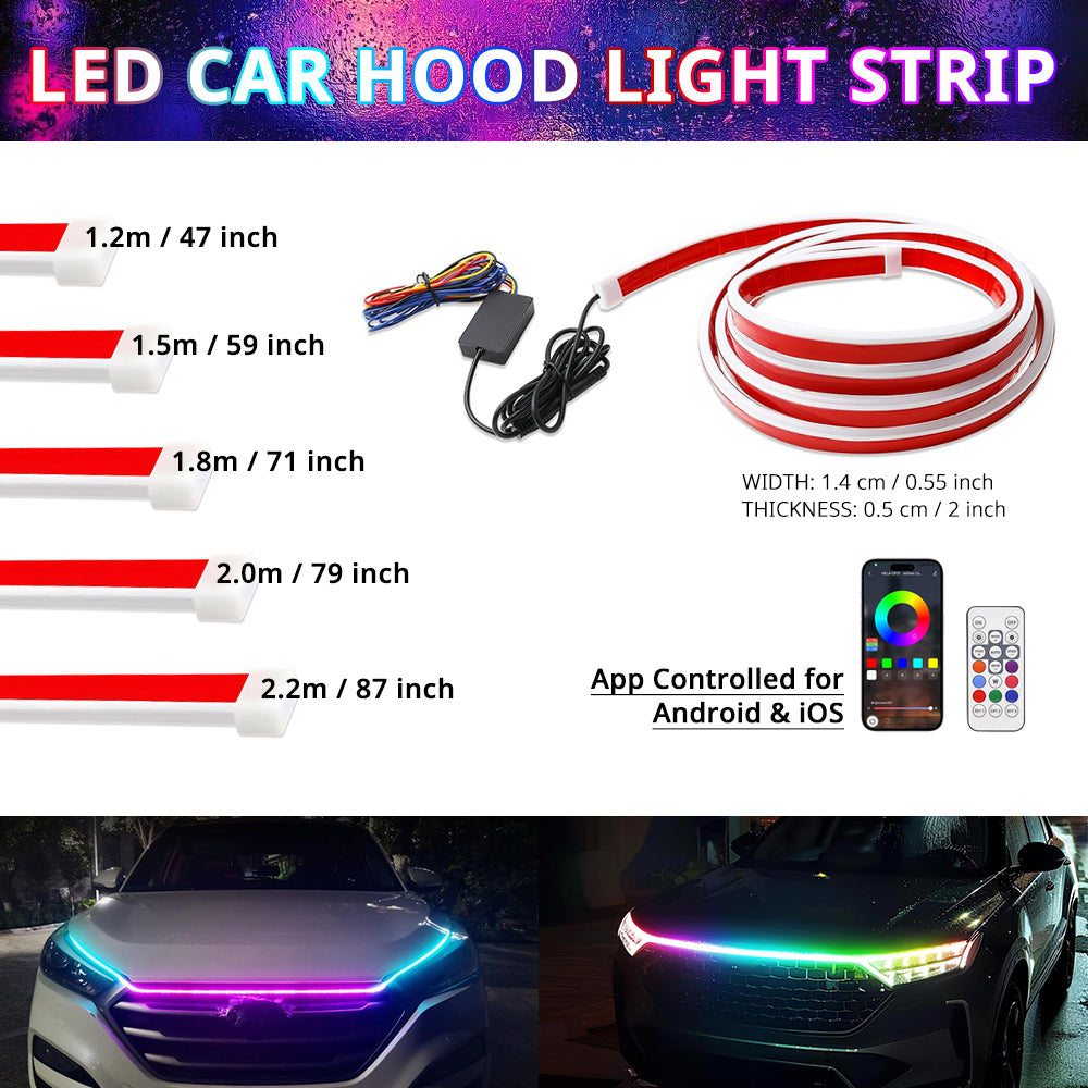 RGB hood LED strip kit with multiple length options, app control, remote control, and front-end installation examples.