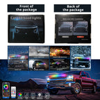 RGB hood LED strip package, box details, and colorful vehicle lighting scenes for app-controlled front-end styling.