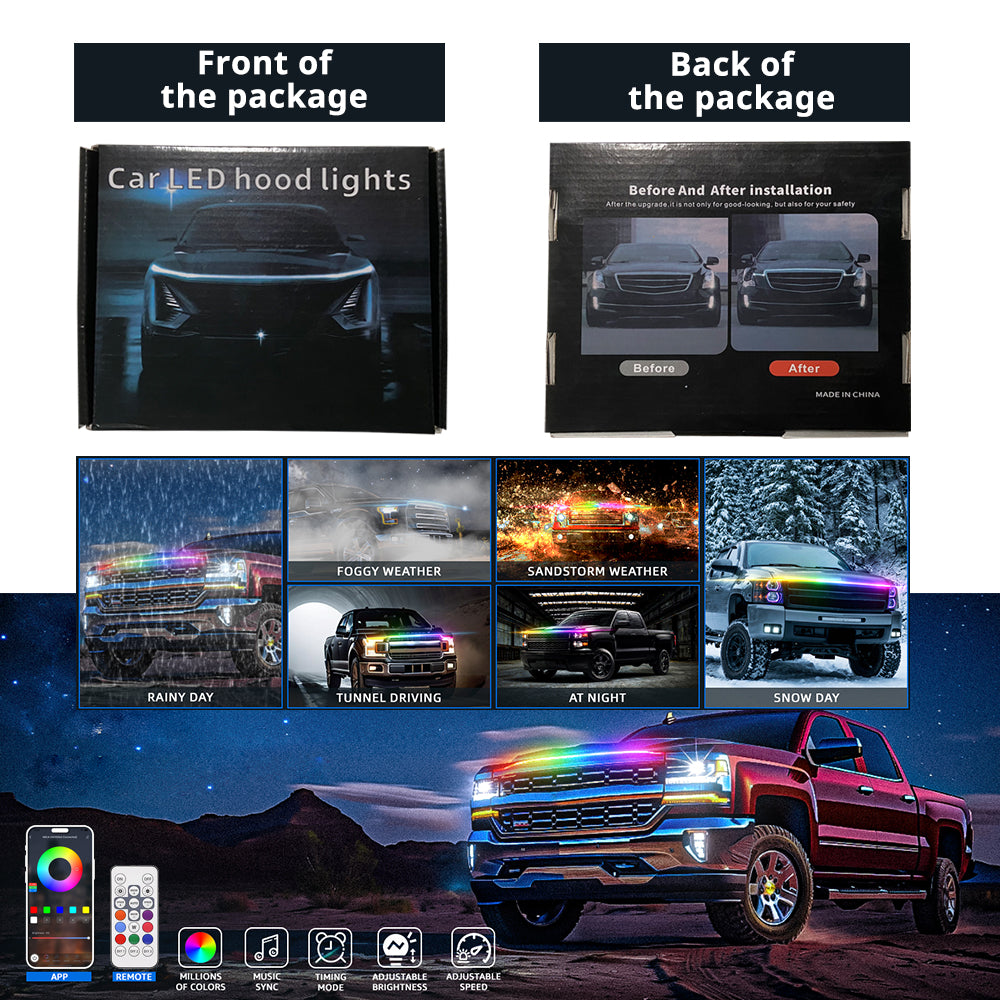 RGB hood LED strip package, box details, and colorful vehicle lighting scenes for app-controlled front-end styling.