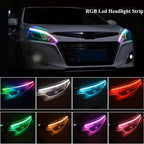 RGB LED headlight strips adding multiple front-light accent colors for custom car styling around the headlight area.