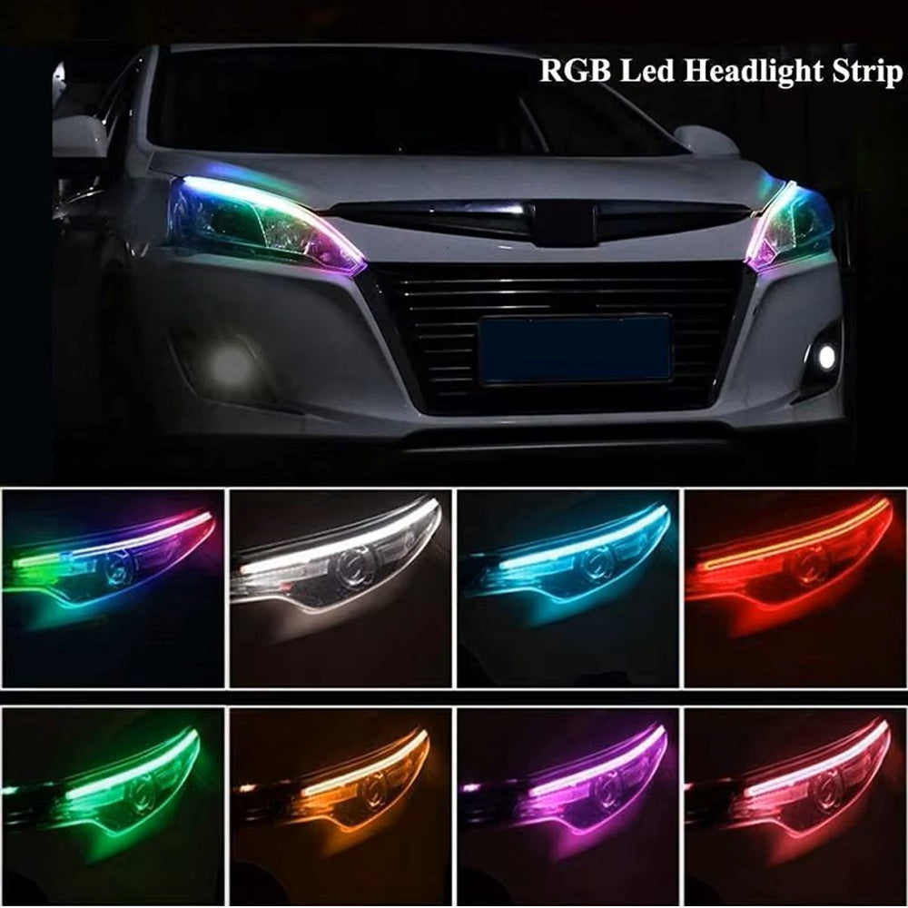 RGB LED headlight strips adding multiple front-light accent colors for custom car styling around the headlight area.