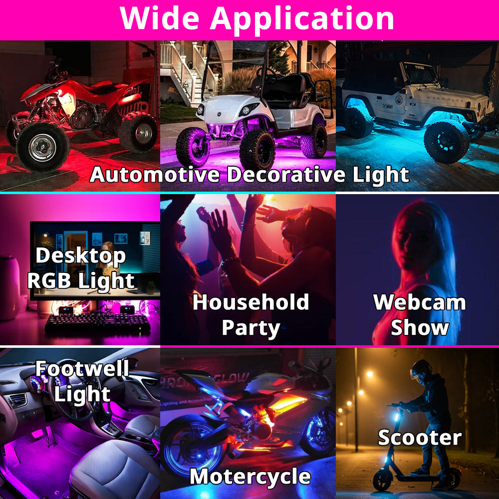 RGB motorcycle accent lights also work for bikes, scooters, car accents, room decor, and creative night setups.