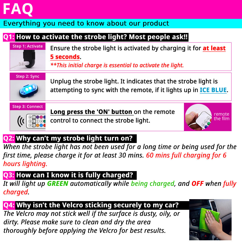 FAQ for RGB scooter deck lights covers activation, charging, remote control use, mounting, and troubleshooting.