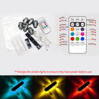 RGB skateboard underglow light kit includes rechargeable lights, remote control, and multiple color accent options.