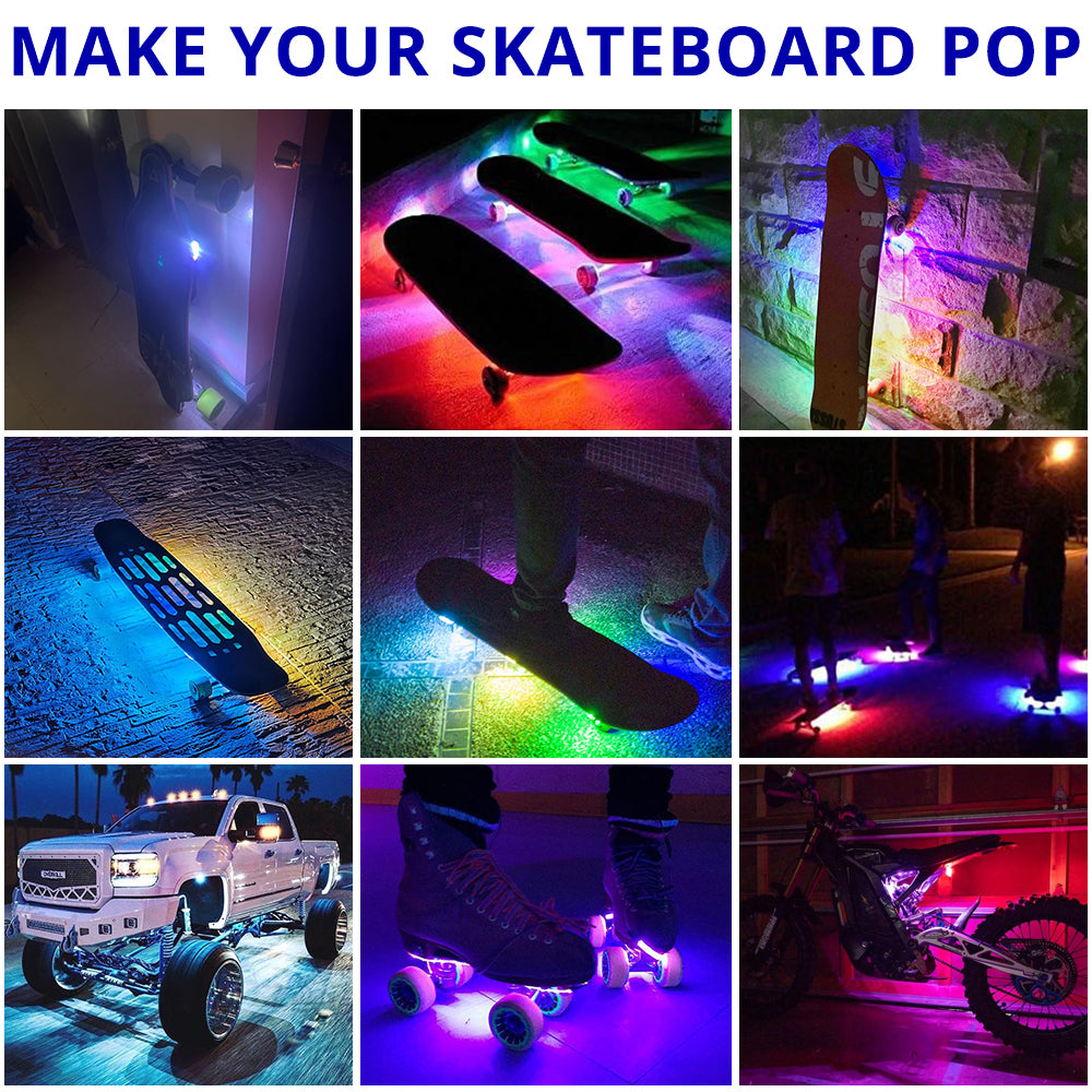 RGB skateboard underglow lights make the board pop with colorful deck glow for night streets and creative cruising.