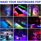 RGB skateboard underglow lights make the board pop with colorful deck glow for night streets and creative cruising.
