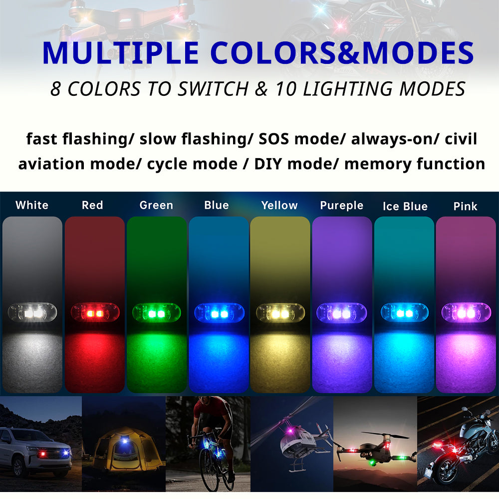 RGB footwell strobe lights with 8 color choices and 10 lighting modes for car interiors, bikes, drones, tents, and motorcycles.