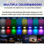 RGB footwell strobe lights with 8 color choices and 10 lighting modes for car interiors, bikes, drones, tents, and motorcycles.