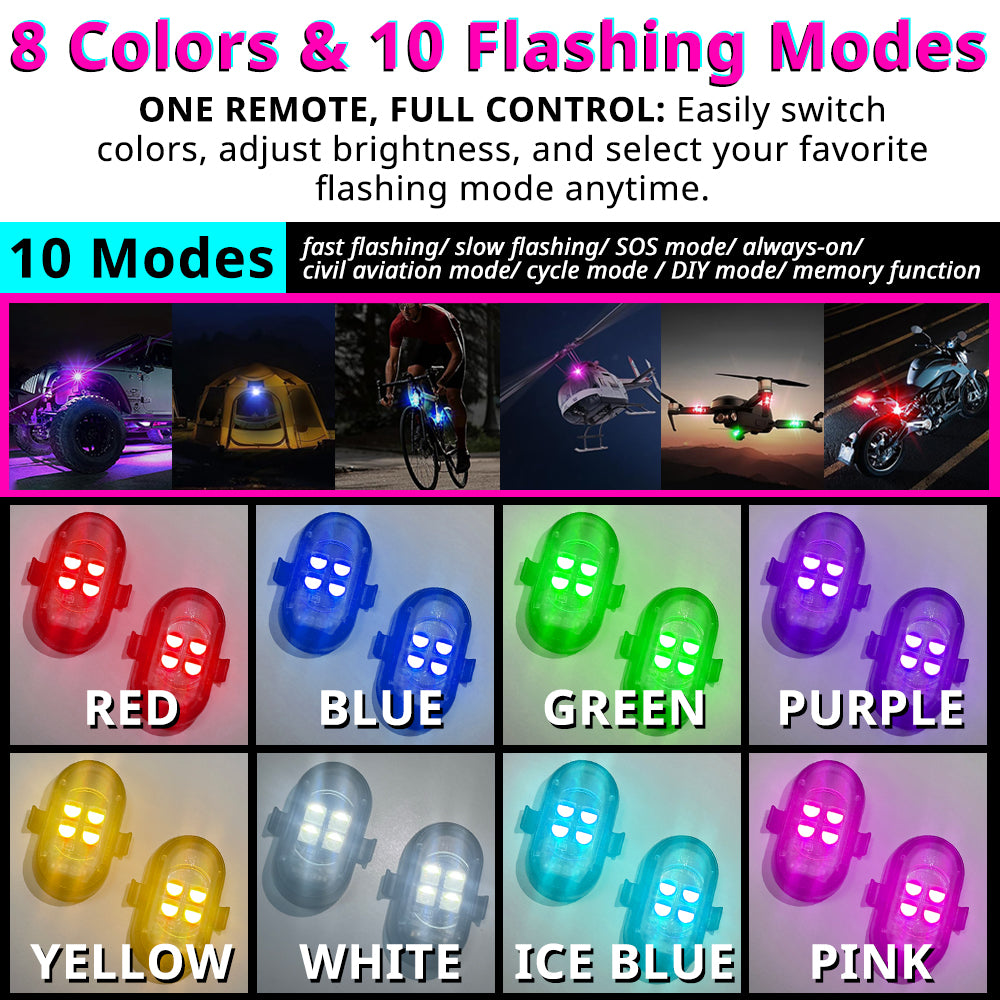 RGB strobe lights offer 8 colors and 10 flashing modes for steady glow, flash effects, and custom accent lighting.
